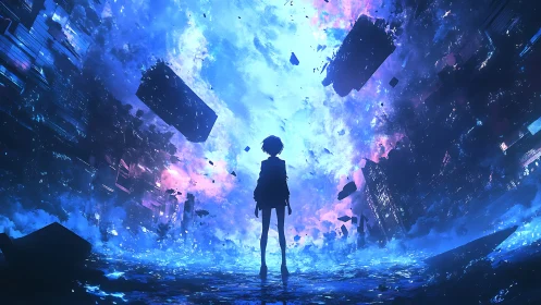 Silhouetted figure in collapsing neon city vortex under cosmos