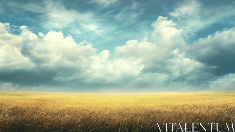 Golden prairie horizon under expansive cumulus sky panorama.
