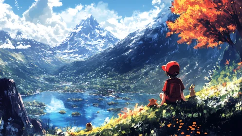 Mountain lake vista with reflective anime-style travelers.