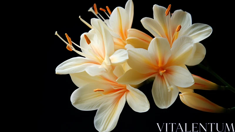 Clivia Miniata Cluster: Cremulous Orange-Centred Petals Against Absolute Darkness.