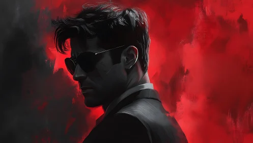 Shadowed cool stranger in red and charcoal mystery glow.