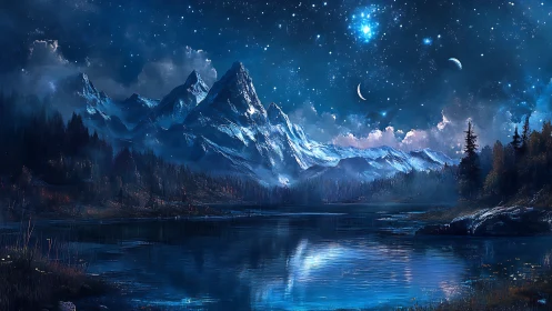 Fantasy night mountains over reflective starlit lake scene.