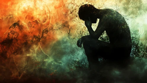 Silhouetted figure in contemplation amid abstract haze.