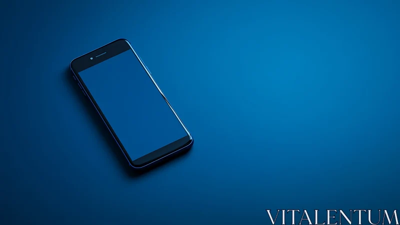 Dark smartphone displayed on blue surface background