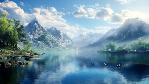 Snowcapped peaks reflect over tranquil blue mountain lake.