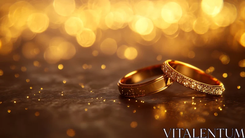 Gold wedding rings rest on reflective surface with bokeh