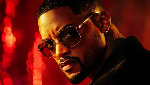 Stylized portrait shows man in sunglasses under vivid red bokeh