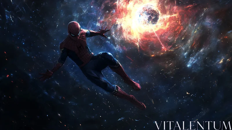 Costumed figure suspended in deep space near energy sphere.