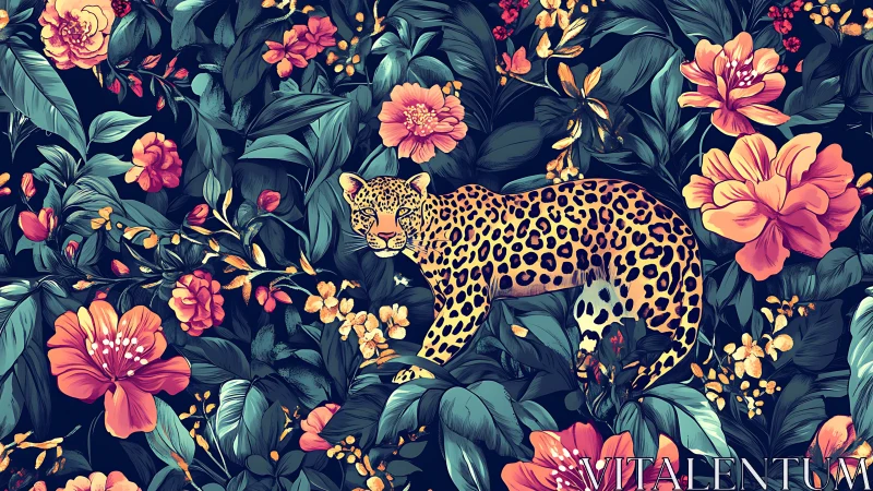 Leopard lounging in a lush dream of tropical florals.