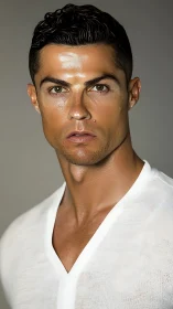 Male portrait shows intense gaze in high-key studio lighting