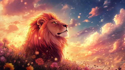 Majestic lion gazes toward glowing sunset sky in bloom