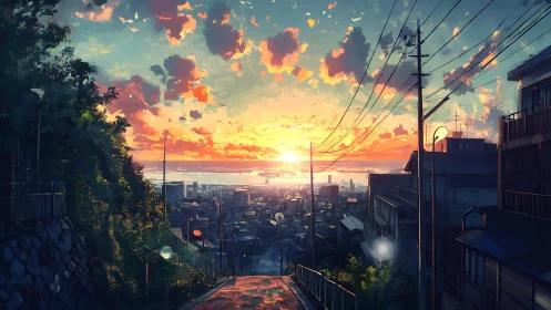 Digital painting sunset over hillside city street perspective.