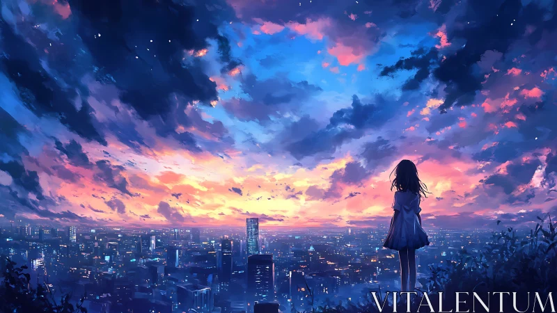 Girl on a hill watches neon city under blazing twilight sky.