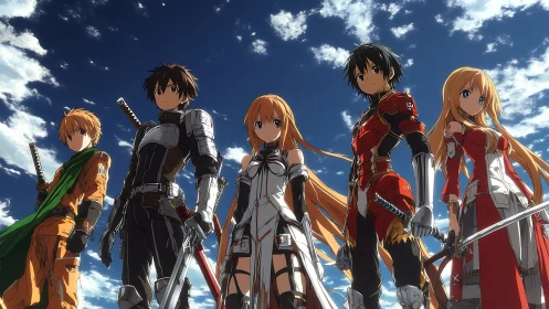 Anime sword-wielding heroes stand united under blue sky.