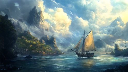 Sailing vessel passing coastal settlement under clouded peaks.