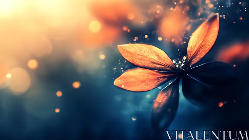 Macro digital flower with orange petals on blue bokeh field.