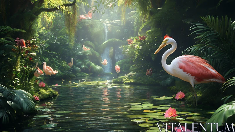 Flamingo lagoon microecosystem under refracted canopy light.