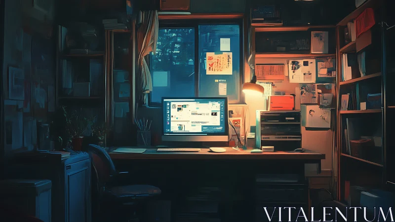 Dimly lit home office desk with computer and wall storage.