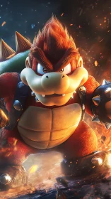 Dynamic 3D render of armored creature amid volcanic sparks