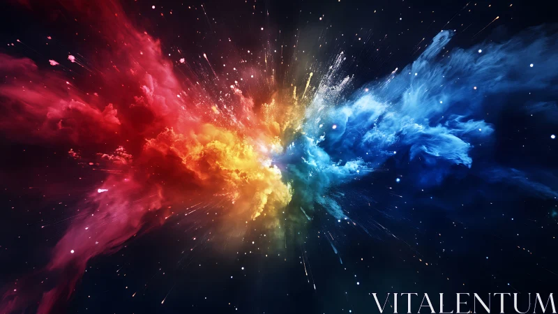 Vivid red, yellow and blue nebula burst in deep space.