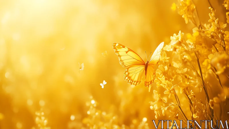 Golden butterfly drifts gently through sunlit yellow blossoms