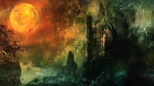 Burning moon above dark ruined fortress in misty valley.