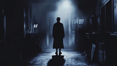 Solitary silhouette in foggy corridor under cold spotlight.