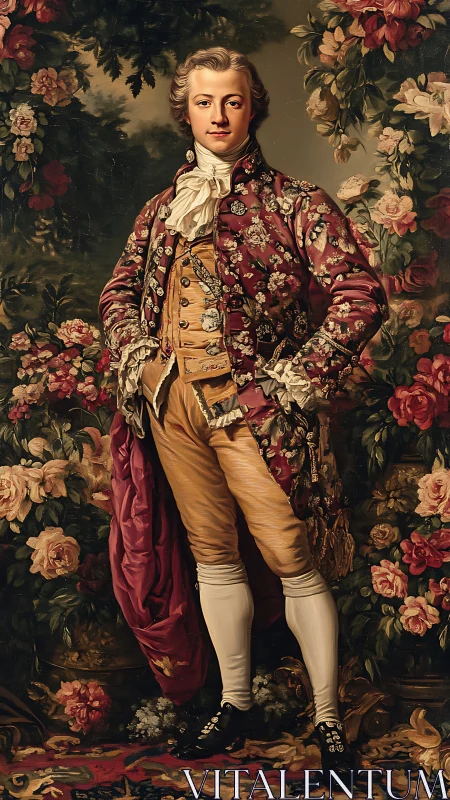 Rococo dandy blooms amid baroque roses and velvet dusk.