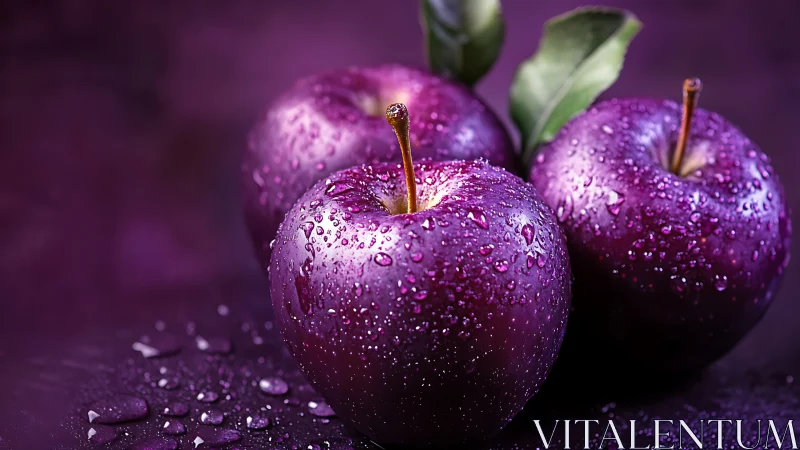 Glistening purple apples rest in a cool, dewy spotlight