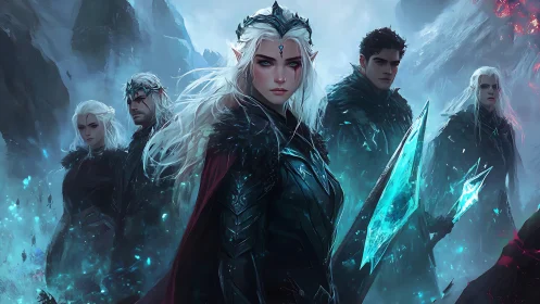 Ice-clad elven warriors stand united in a frozen stronghold.