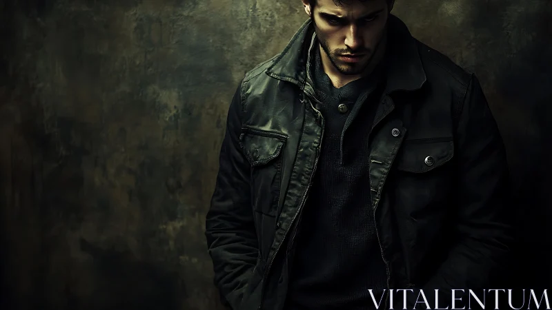 Low key portrait of brooding man in rugged field jacket.