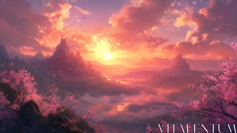 Sunlit fantasy citadel amid misty valley and sakura bloom.