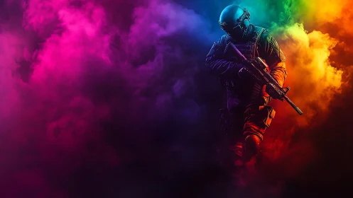Armored soldier with rifle moves through dense colored smoke