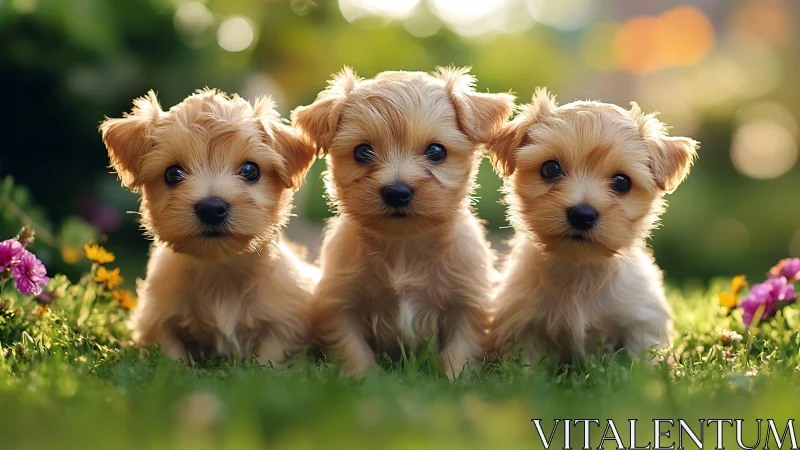 Photorealistic portrait of three puppies in garden light.