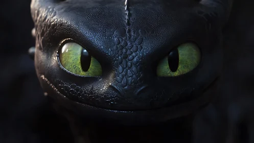 Bright green dragon eyes glow softly in the shadowed dark