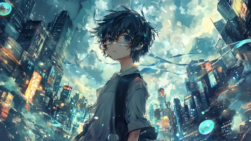 Solitary anime boy stands in luminous cyberpunk cityscape.