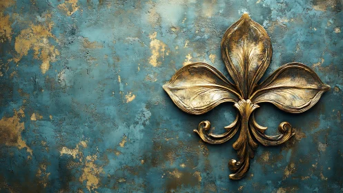 Gold fleur-de-lis emblem on distressed teal textured wall.