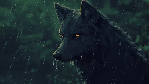 Black wolf with amber eyes standing in steady rain.