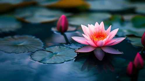 Photorealistic pink water lily on reflective pond surface.