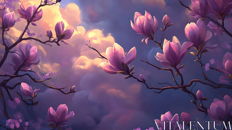 Pink Magnolia Blossoms Against a Dreamy Sunset Sky, Digital Art.