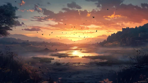 Golden valley sunrise with wandering rider and wild birds.