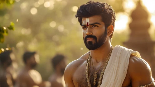 Sunlit portrait of traditional Indian man in temple courtyard