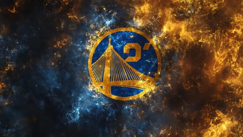 Cosmic bridge emblem blazing through blue and ember storms.