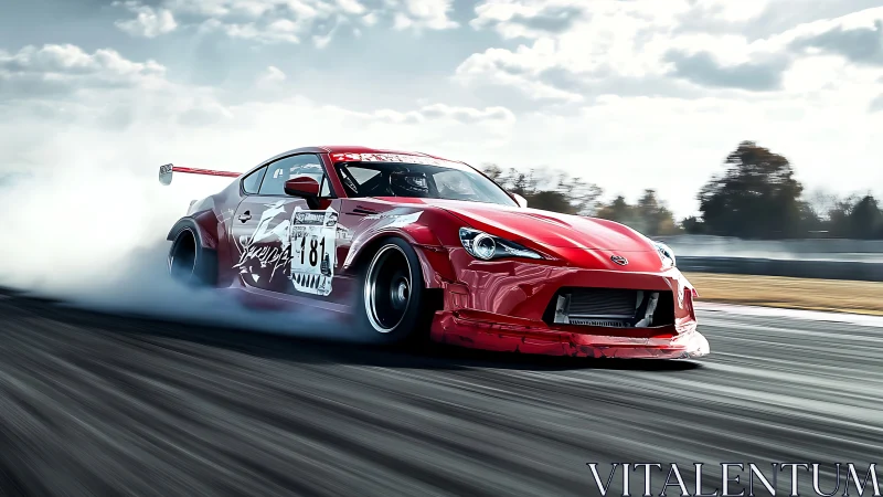 Scarlet drift rocket chews asphalt and exhales white thunder