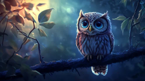 Whimsical wide-eyed owl perched on a branch in dreamy moonlit forest.