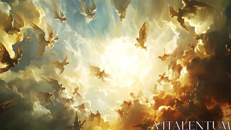Radiant sky filled with winged figures in glowing clouds.