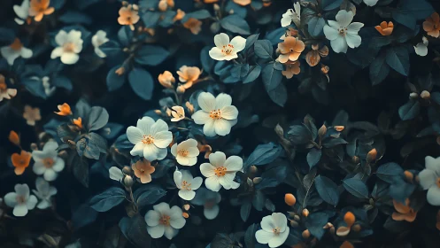Nocturnal Garden: White and Orange Blossoms Against Dark Foliage.