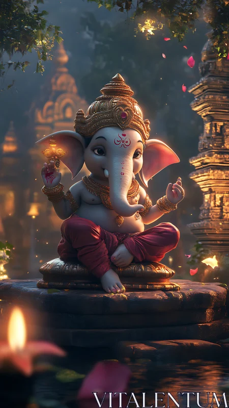 Gentle baby Ganesha meditates in a softly glowing temple garden