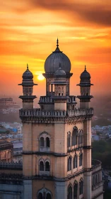 Mughal-style clock tower dome silhouetted against vivid sunset sky