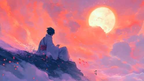 Solitary figure beneath radiant moon in rose cloudscape.